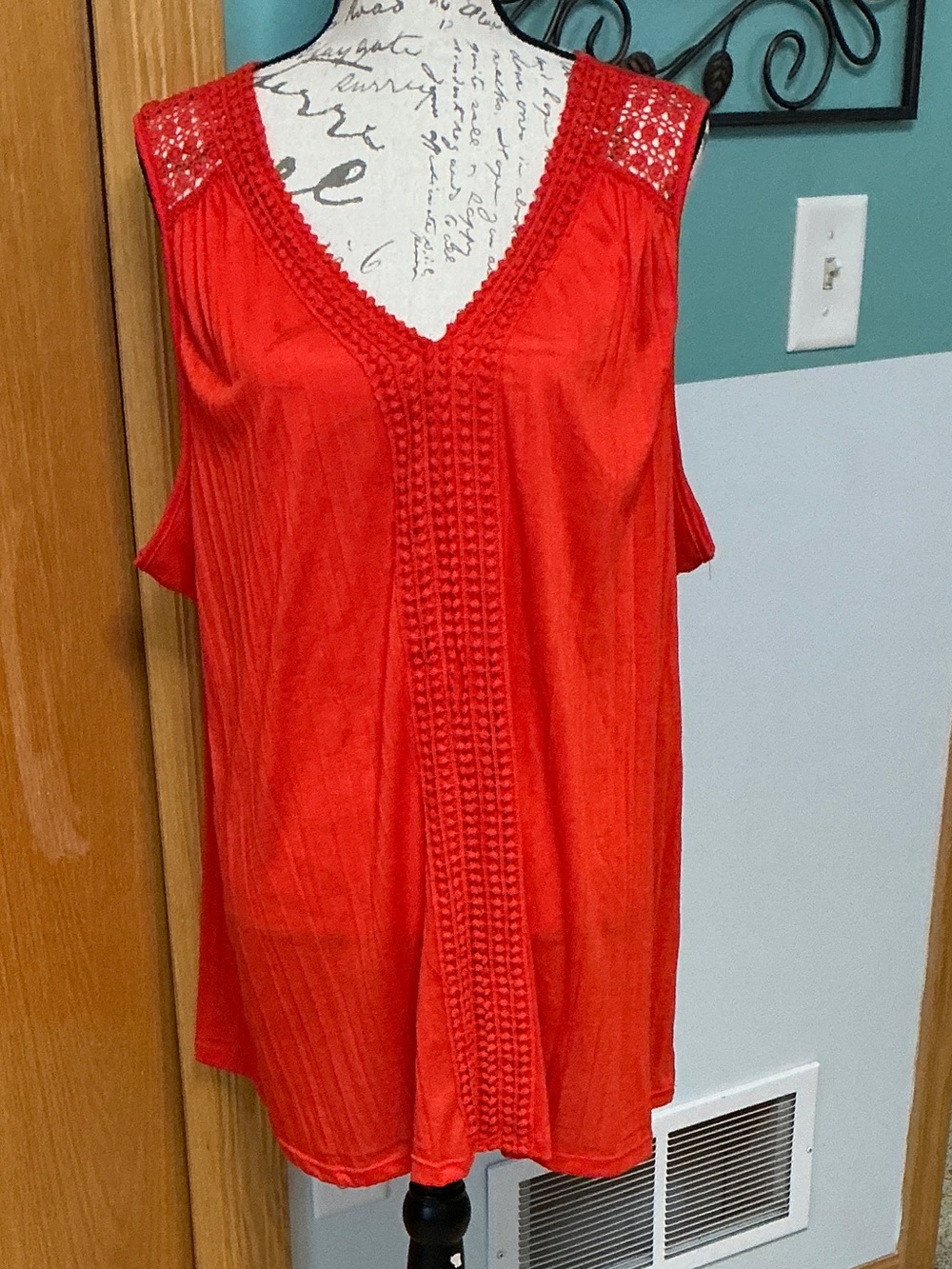 Sleeveless Red V-Neck Tank Top with Crochet Trim